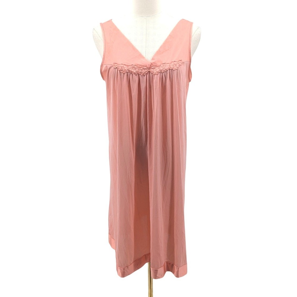 Exquisite Form Pink Nylon Nightgown Sleeveless Gathered Yoke Sleepwear Size S